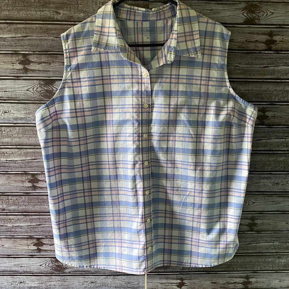 LL‎ Bean Women's Sleeveless Button-Down Top Size 3X White Blue Pink Yellow Plaid